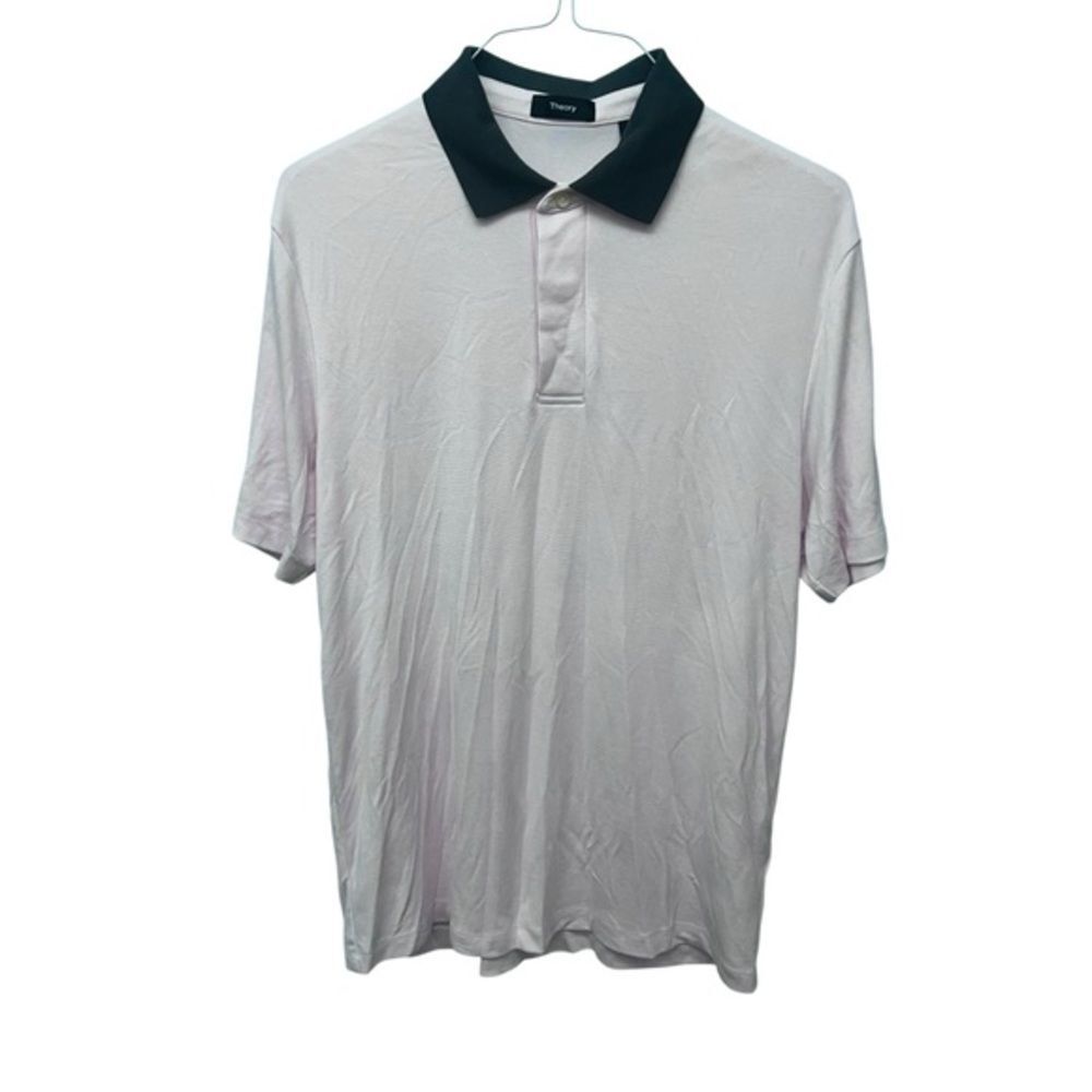 Theory Men's Pink Polo Shirt with a Dark Gray Collar Men's Size Large